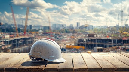 Poster - Construction helmet on a wooden table, overlooking a busy construction site, perfect for industrial or safety-related concepts.