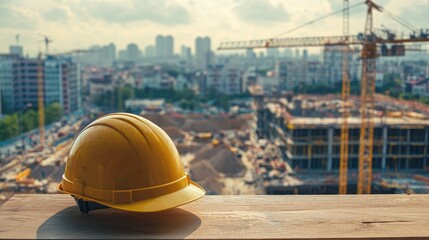 Poster - Construction helmet on a wooden table, overlooking a busy construction site, perfect for industrial or safety-related concepts.