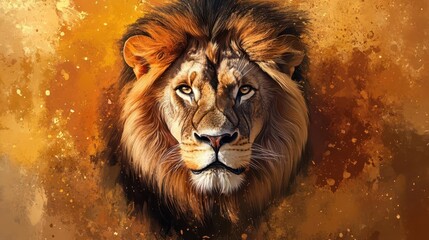 Wall Mural - majestic lion portrait with piercing eyes detailed fur and golden savanna background digital painting