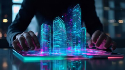 Wall Mural - A person interacts with a futuristic digital city hologram projected from a tablet, symbolizing urban planning and technology innovation. AI generative.