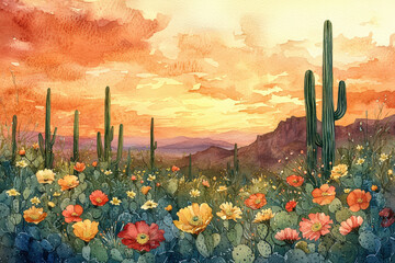 Wall Mural - A vibrant sunset over desert landscape filled with blooming cacti and wildflowers creates stunning visual. warm colors of sky blend beautifully with flora, evoking sense of tranquility and natural bea