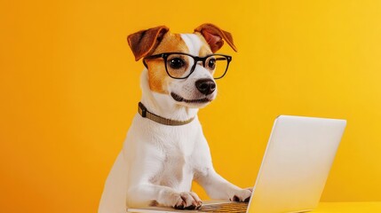 Wall Mural - Cute dog wearing glasses and typing on a laptop, set against a vibrant yellow background, a fun office-themed image.