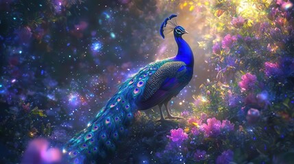 majestic peacock with iridescent feathers unfurled in an enchanted garden setting bioluminescent flowers and magical particles floating ethereal digital painting