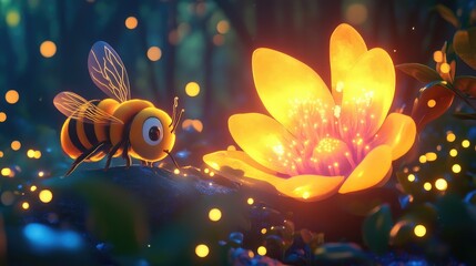 Poster - A curious 3D cartoon bee inspecting a giant, glowing flower in a magical forest setting, with twinkling lights and sparkling petals