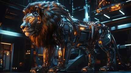 Poster - A futuristic 3D lion made of metallic and glowing elements, standing tall in a sci-fi environment.