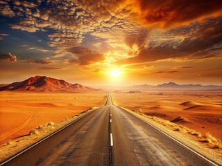 Vibrant orange hues illuminate a barren desert landscape beside a seemingly endless road, as the warm sunlight casts long shadows on the arid terrain.