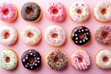 Colorful assorted donuts on pastel pink background