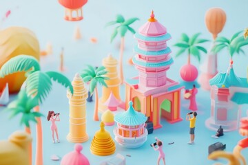 Wall Mural - A colorful miniature landscape featuring various structures, palm trees, and people photographing.