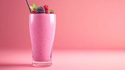 Wall Mural - A refreshing pink smoothie topped with berries, served in a clear glass against a pink backdrop.