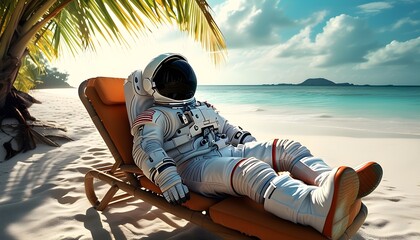 Astronaut relaxing on a tropical beach in a spacesuit, enjoying the sun and serenity of a paradise destination