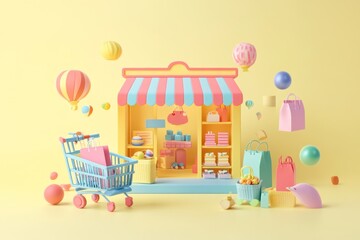 Sticker - A colorful toy shop scene with a shopping cart and playful decorations.