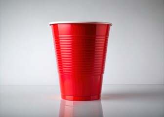 Solo bright red plastic cup stands upright on a clean transparent background, its vibrant color popping against the neutral surroundings, waiting for a refreshing drink.