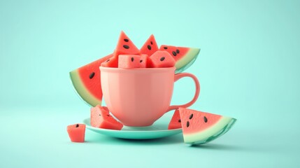 Poster - A playful arrangement of watermelon pieces in a cup and plate against a mint background.