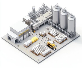 Poster - A detailed industrial facility with storage tanks and containers for processing materials.