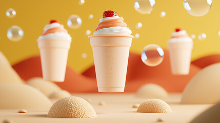 Poster - Floating milkshakes in dreamy bubble filled landscape create whimsical scene