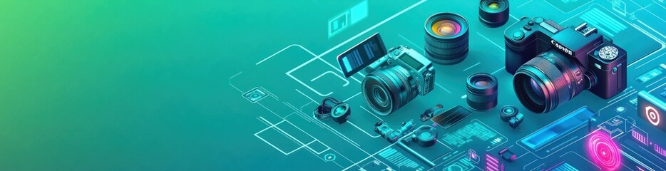 Poster - A digital illustration of cameras and lenses, showcasing photography equipment and technology.