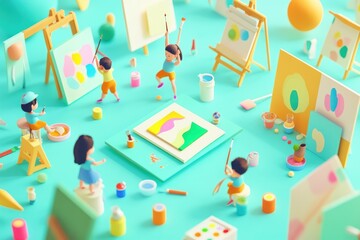 Sticker - A vibrant art studio scene with miniature figures painting colorful canvases.