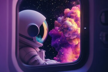 Wall Mural - an astronaut gazes out of a spacecraft window at a colorful cosmic cloud.