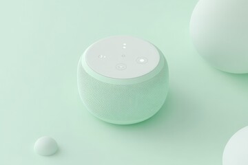 Wall Mural - A compact smart speaker on a soft pastel background, designed for voice-activated assistance.