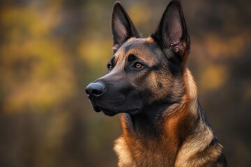 The German Shepherd stands alert during a training session in a wooded area