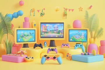 Wall Mural - A colorful gaming setup with monitors and controllers in a playful, vibrant environment.