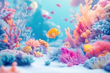 Wall Mural - A vibrant underwater scene with colorful coral and playful fish.