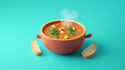 Wall Mural - A steaming bowl of soup garnished with herbs, accompanied by slices of bread.