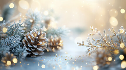 Wall Mural - Winter seasonal background, freezing white Christmas, glittering gold lights, snow pine cones and tree branches