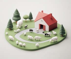 Sticker - A miniature farm scene featuring various animals and a barn, depicting rural life.