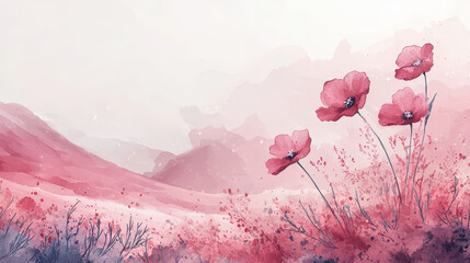 Wall Mural - A serene minimalist desert scene featuring delicate pink flowers swaying gently in breeze, surrounded by soft, muted landscapes that evoke sense of calm and tranquility