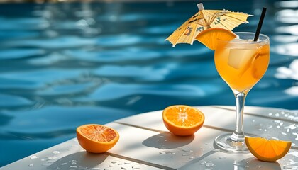 Refreshing Blue Lagoon cocktail with colorful umbrella and orange slice on a sunlit table beside the pool, perfect for summer vibes and relaxation