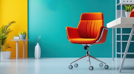 Orange Office Chair in Modern Workspace with Yellow and Blue Walls