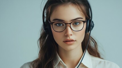 Poster - Professional woman with a headset, working in a call center, shown against a clean grey background, focused and ready to help.