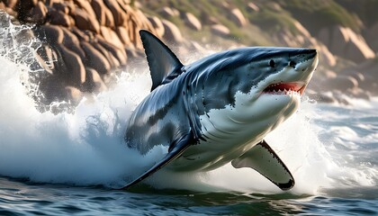 Wall Mural - Great White Shark Launches Into Action in Slow Motion, Capturing the Thrill of a Predator Hunting Bait in South African Waters