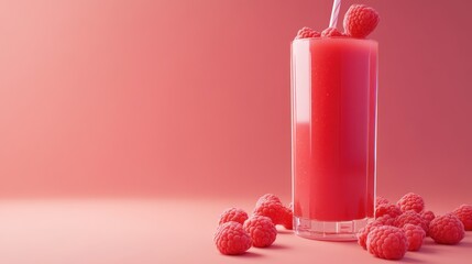 Canvas Print - A refreshing raspberry smoothie in a glass, surrounded by fresh raspberries.