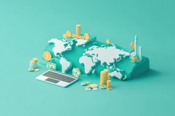 Wall Mural - A 3D illustration of a global financial concept with a laptop, currency, and world map.