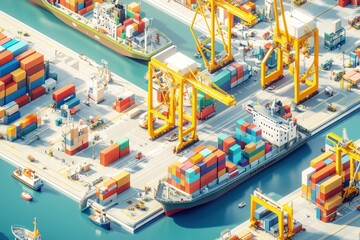 Sticker - A vibrant port scene with cargo ships, cranes, and containers in an industrial setting.