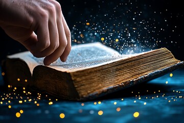 Poster - A hyper-realistic close-up of a hand flipping through the pages of a dusty old book, with every detail of the paper fibers and the texture of the cover visible