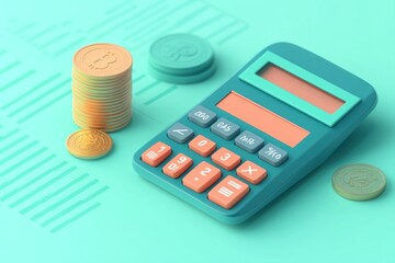 Canvas Print - A calculator surrounded by coins, symbolizing finance and cryptocurrency.