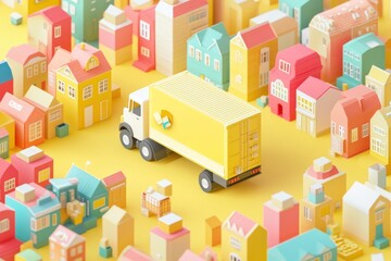 Poster - A colorful 3D scene featuring a delivery truck surrounded by vibrant houses and packages.