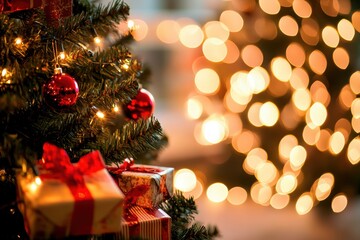 Festive christmas tree with gifts warm bokeh lights