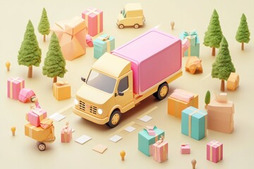 Sticker - A colorful delivery scene with a truck surrounded by gifts and trees.