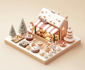 Canvas Print - A festive miniature bakery display with various desserts and a charming shopfront.