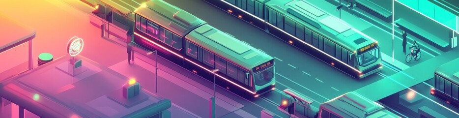 Poster - A vibrant urban scene featuring trams and pedestrians in a stylized cityscape.