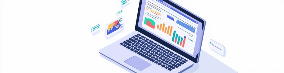 A laptop displaying data analytics with graphs and charts for business insights.