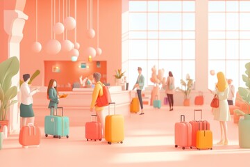 Canvas Print - A vibrant hotel lobby with guests checking in and colorful luggage.