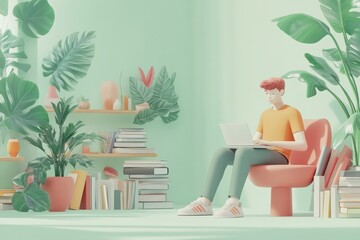 Poster - A serene workspace with a person using a laptop surrounded by plants and books.