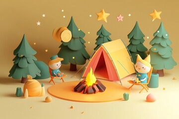 Wall Mural - A playful camping scene with children by a fire, surrounded by trees and stars.