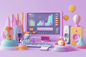 Poster - A playful digital workspace featuring music production elements and colorful characters.