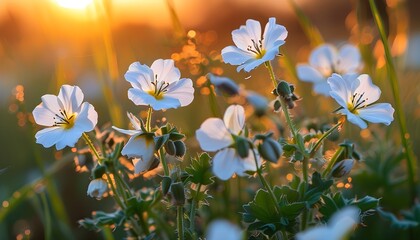 Sunset glow on white borage flowers in a spring field